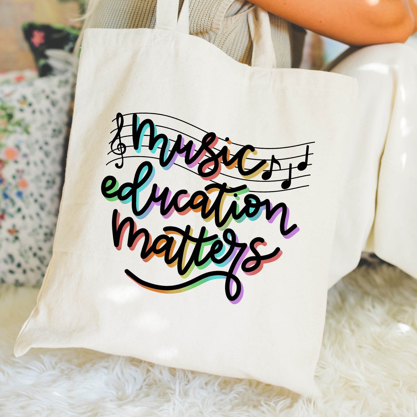 music teacher tote bag with "music education matters" design