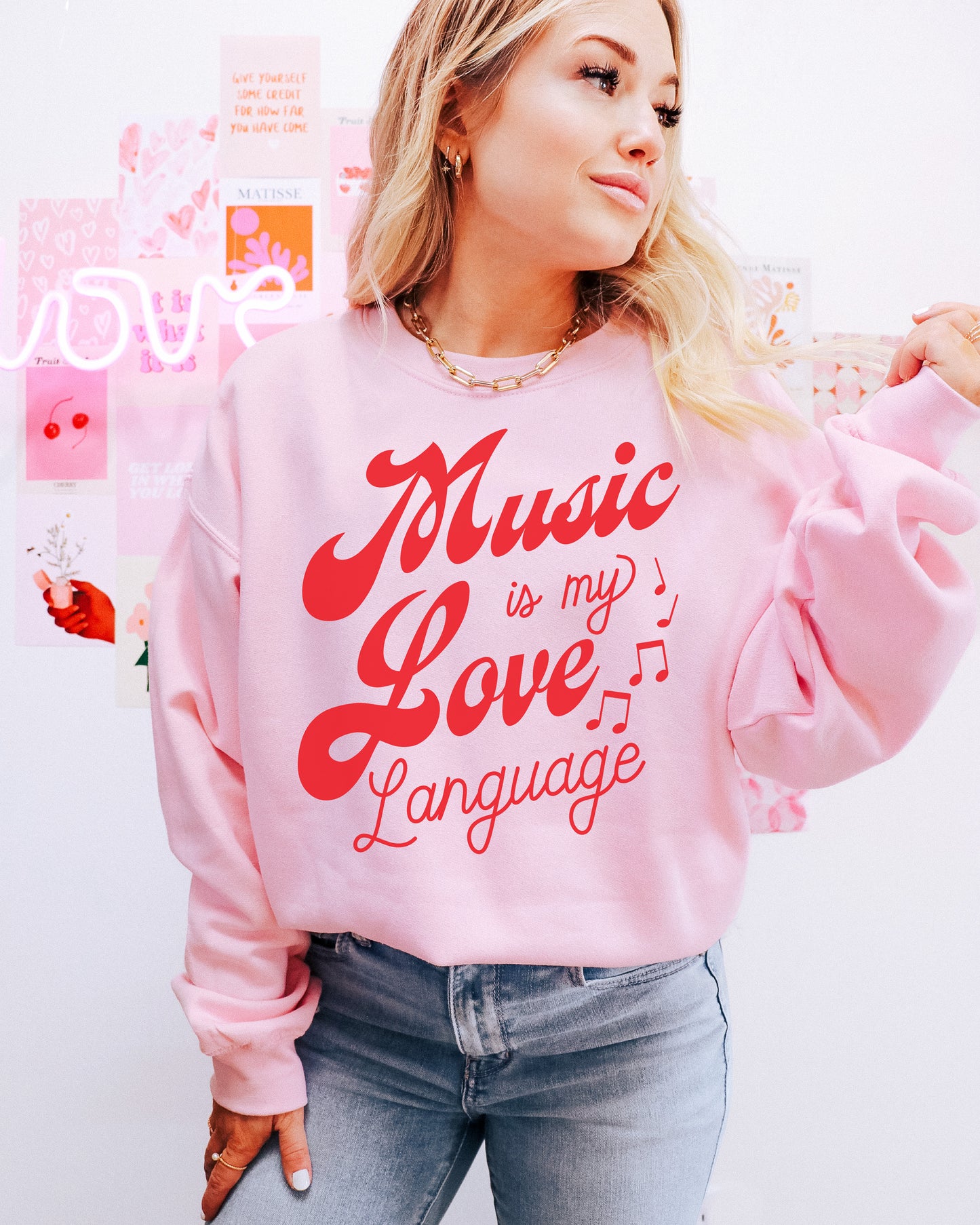 Seconds- Music Is My Love Language Crewneck- Pink XL