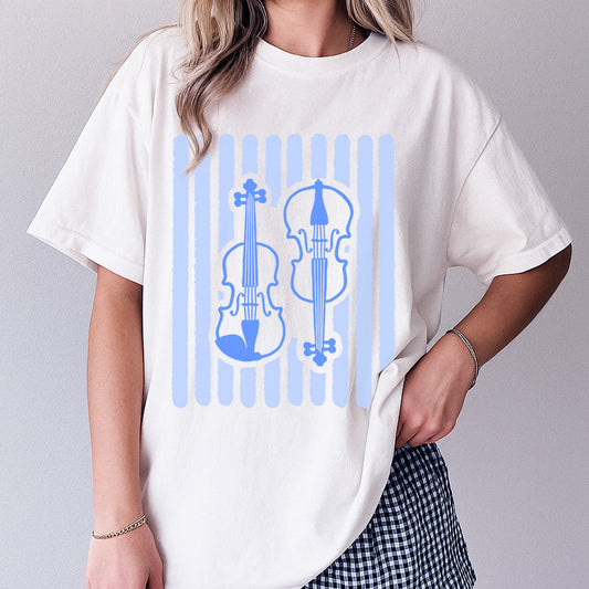 Violin and Cello Shirt. A white t-shirt with light blue stripes and a violin and cello on it.